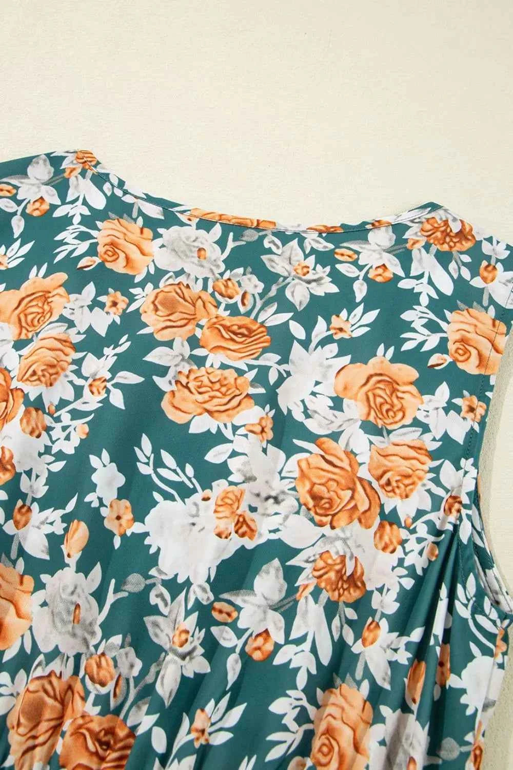 Floral Print Trimmed V Neck Tie Waist Sleeveless Dress Trendsi