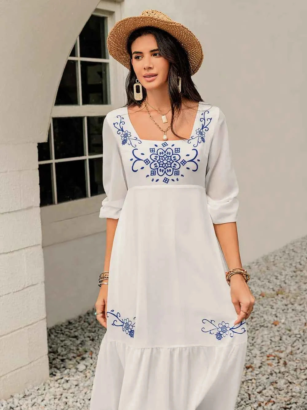 Printed Square Neck Balloon Sleeve Dress Trendsi