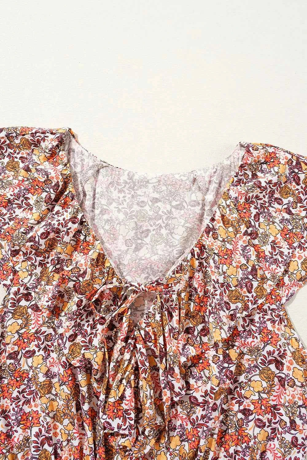 Floral Print Knot V Neck Ruffled Sleeve Blouse Trendsi