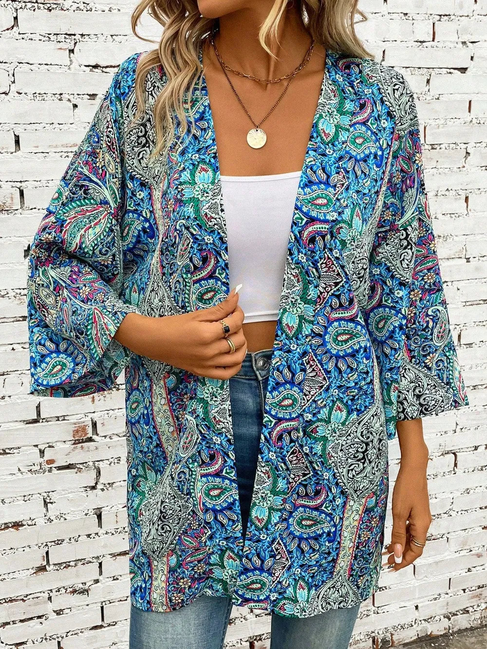 Printed Open Front Three-Quarter Sleeve Cover Up Teal One Size Trendsi