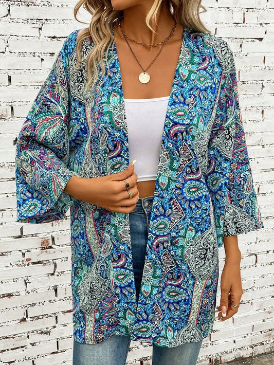 Printed Open Front Three-Quarter Sleeve Cover Up Teal One Size Trendsi