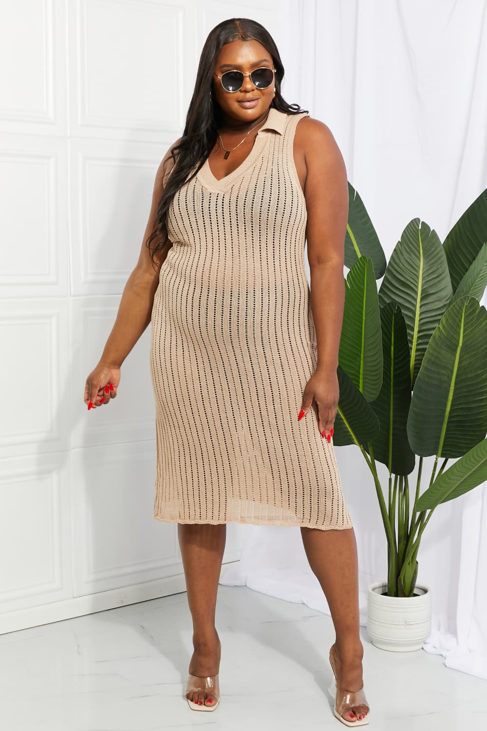 Openwork Johnny Collar Cover Up Dress Trendsi