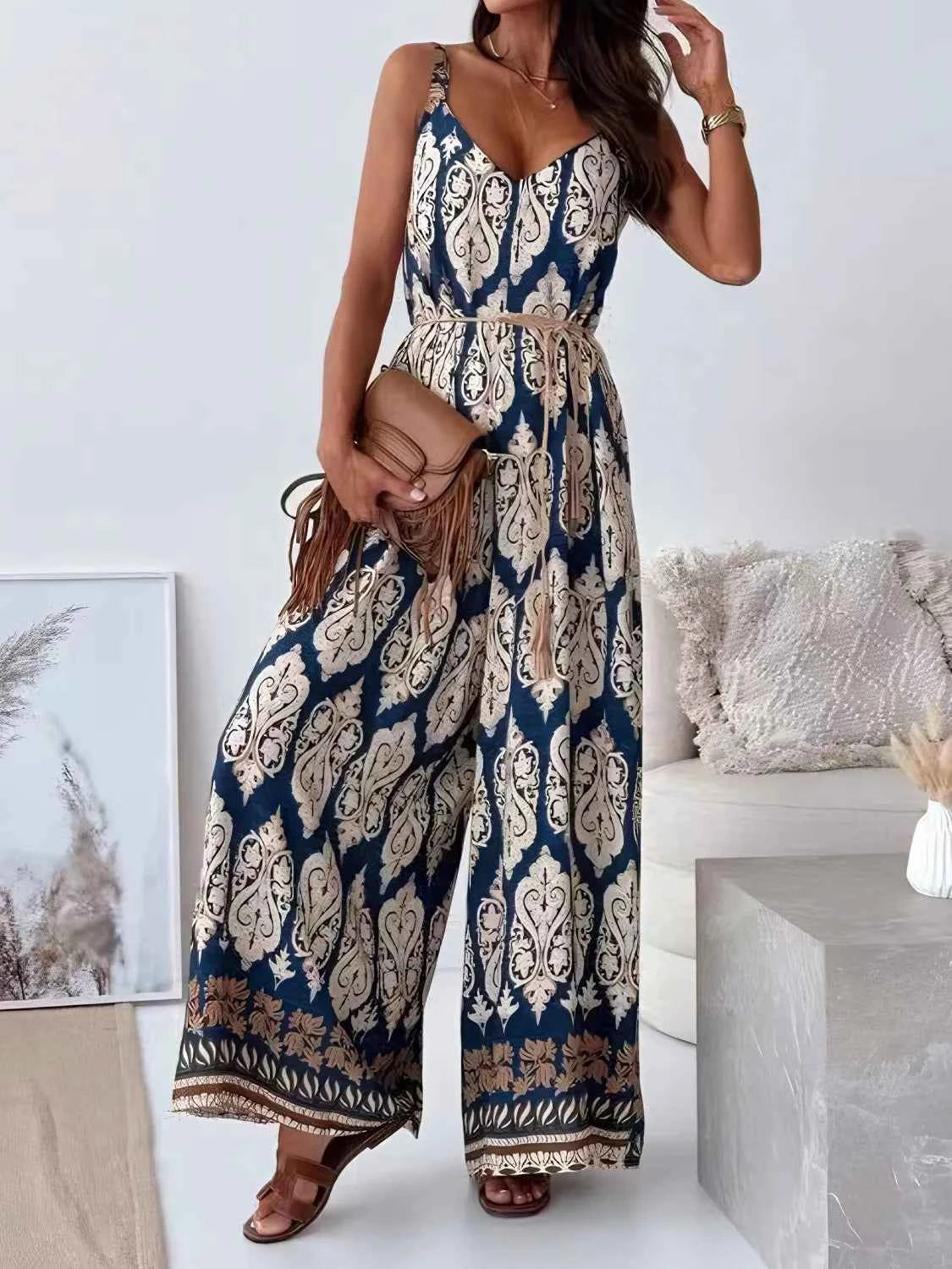 Printed V-Neck Wide Leg Jumpsuit Trendsi