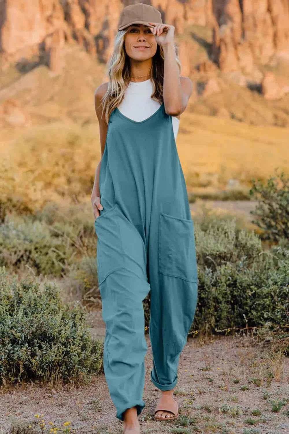 Double Take Full Size V-Neck Sleeveless Jumpsuit with Pockets Pastel Blue Trendsi