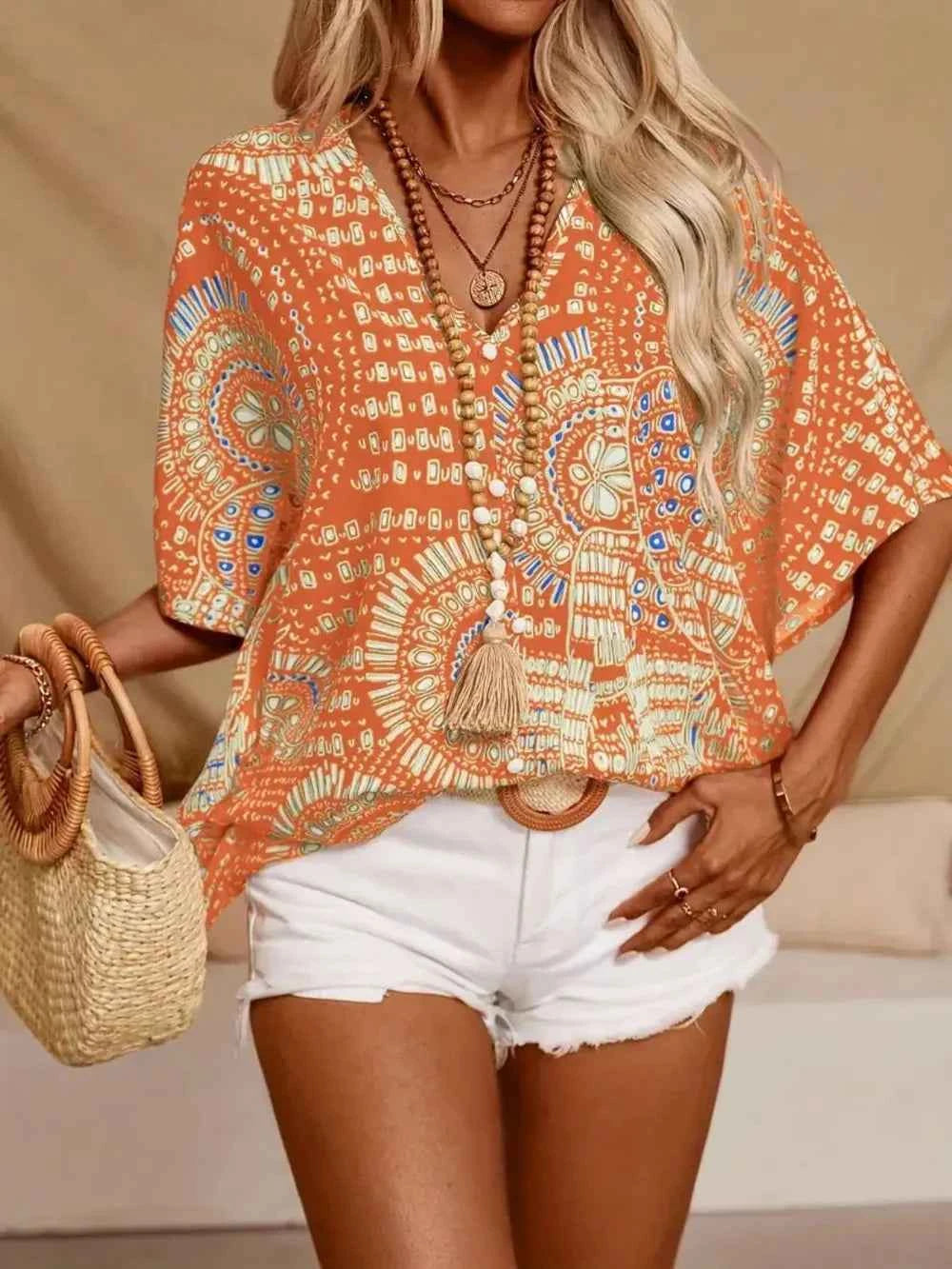 Printed V-Neck Half Sleeve Top Trendsi