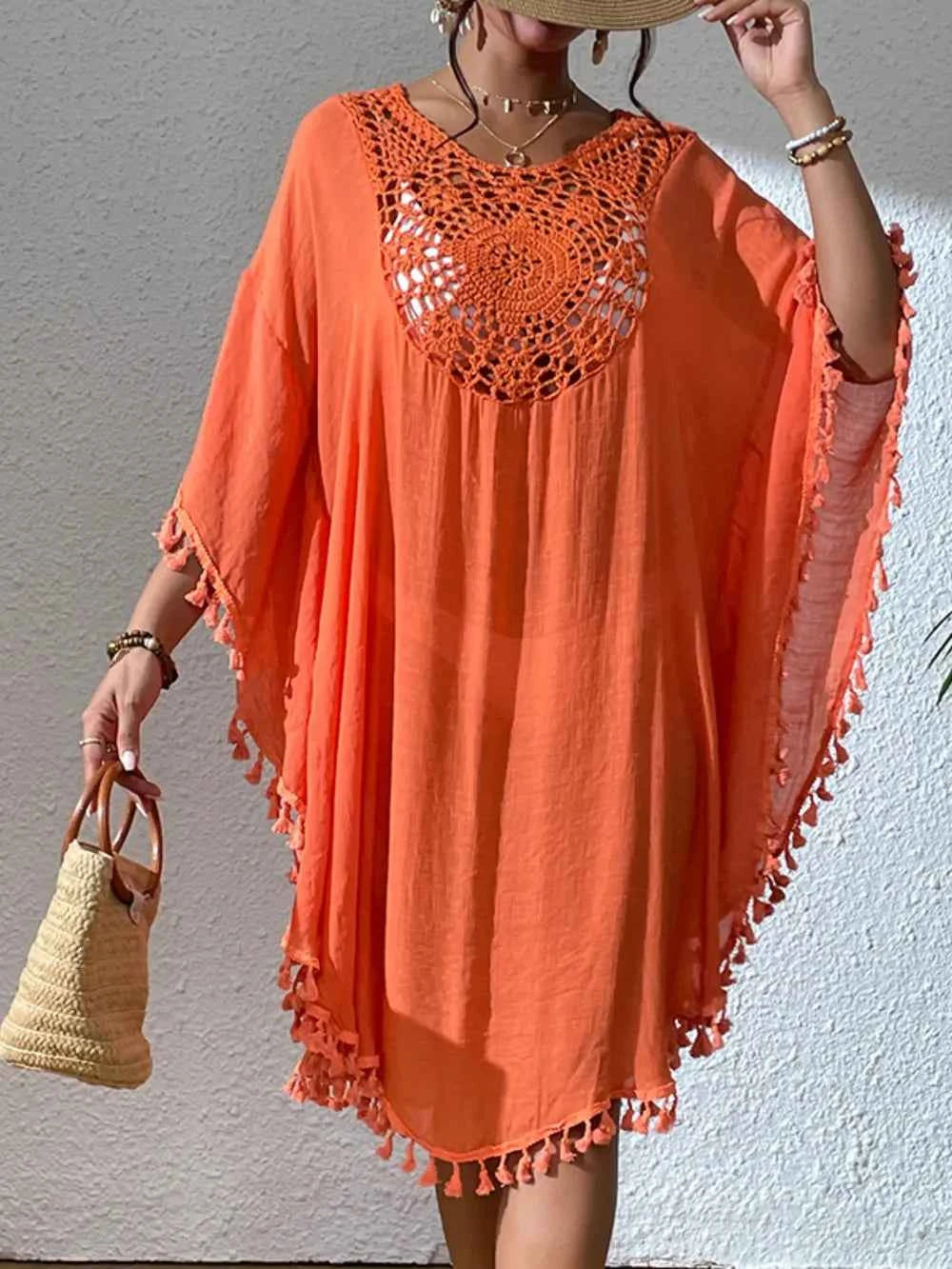 Tassel Cutout Scoop Neck Cover-Up Dress Trendsi