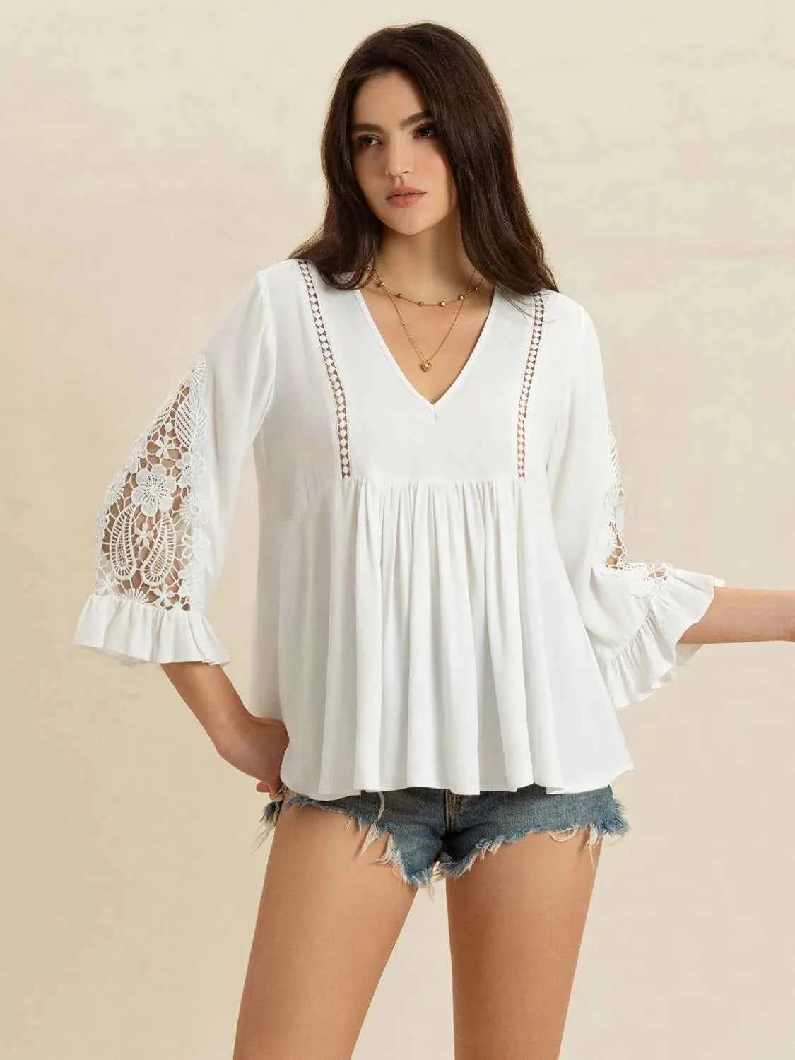 V-Neck Lace Flounce Sleeve Top Trendsi