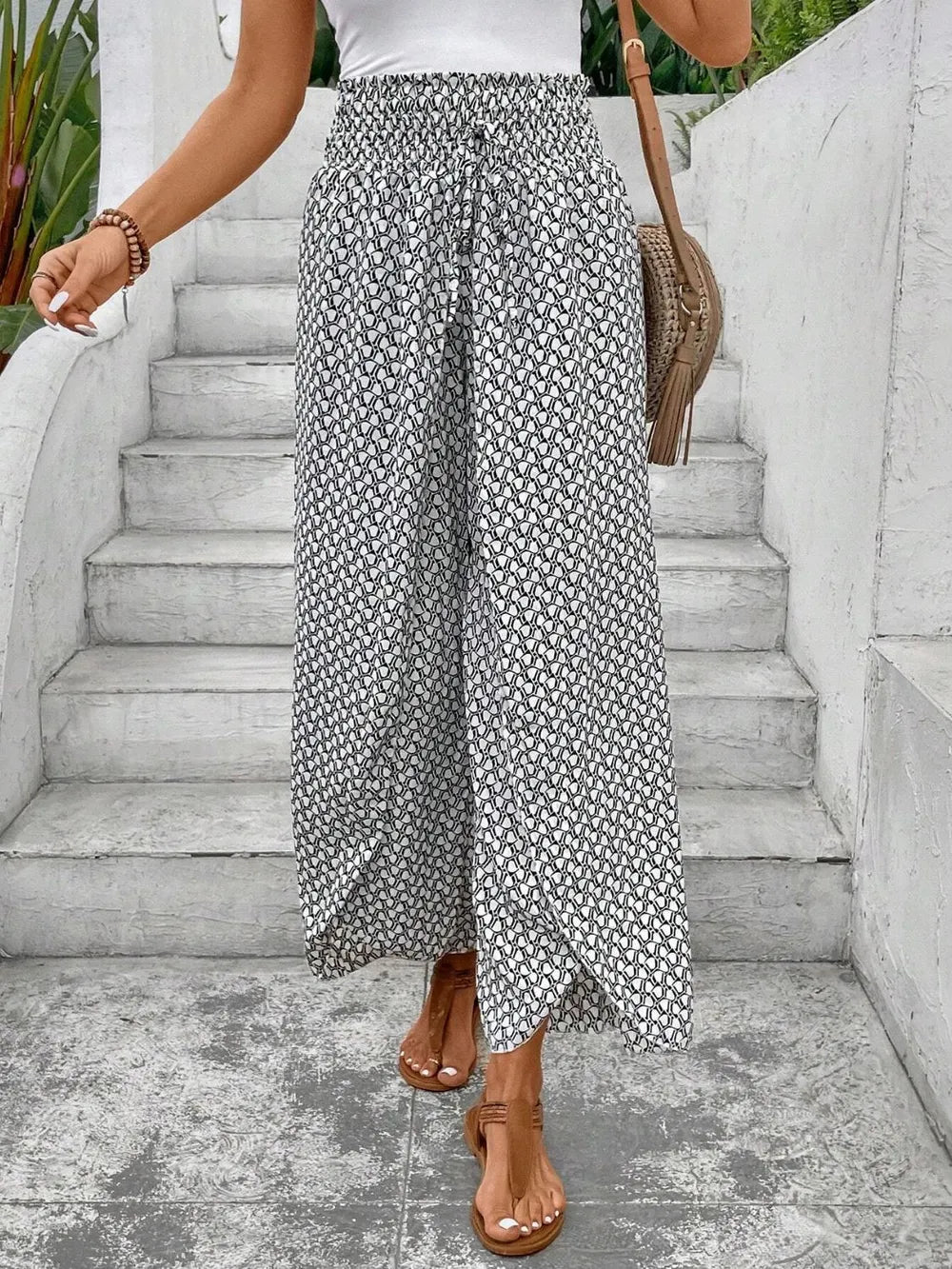 Tied Printed Wide Leg Pants White Trendsi