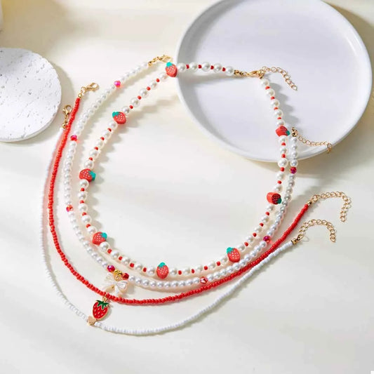 4 Piece Strawberry Pearl Beaded Necklace Red onesize Trendsi