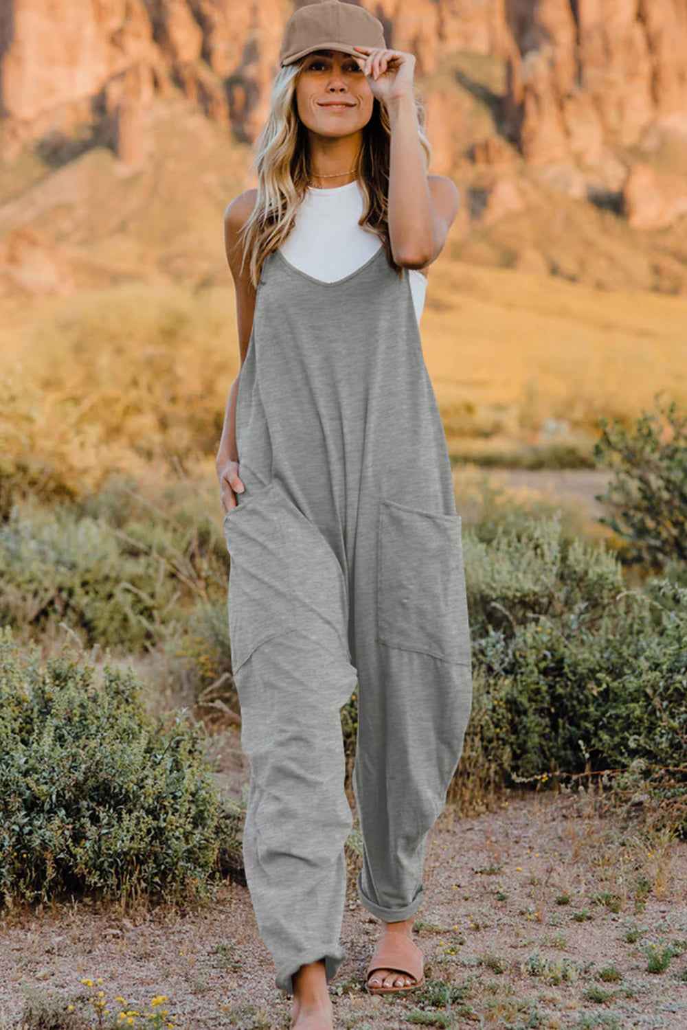 Double Take Full Size V-Neck Sleeveless Jumpsuit with Pockets Light Gray Trendsi