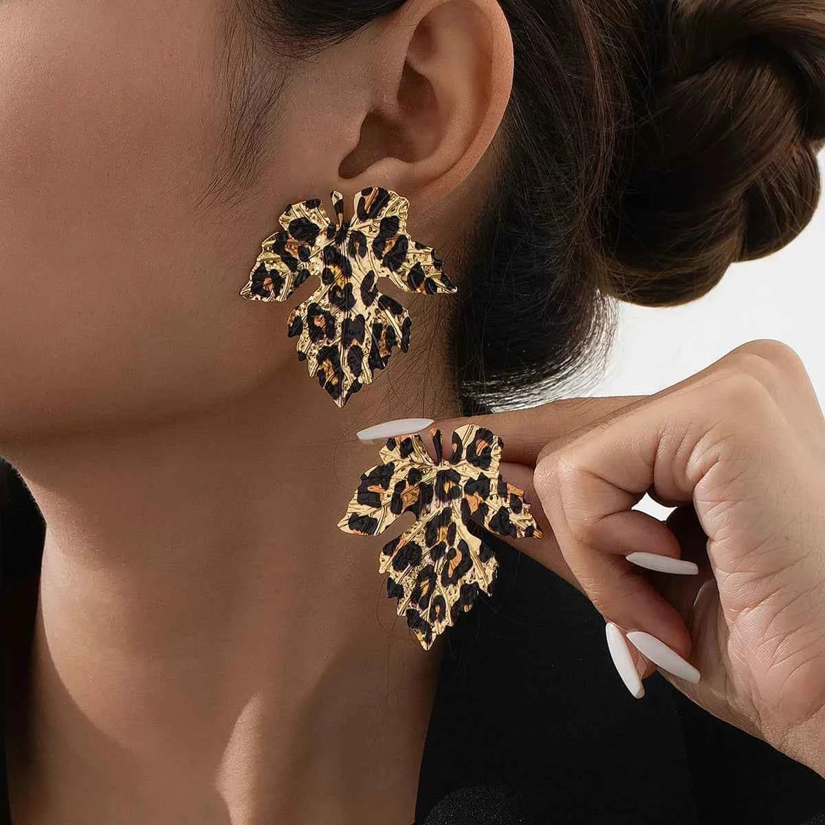Alloy Leopard Print Leaf Earrings Leopard onesize Trendsi