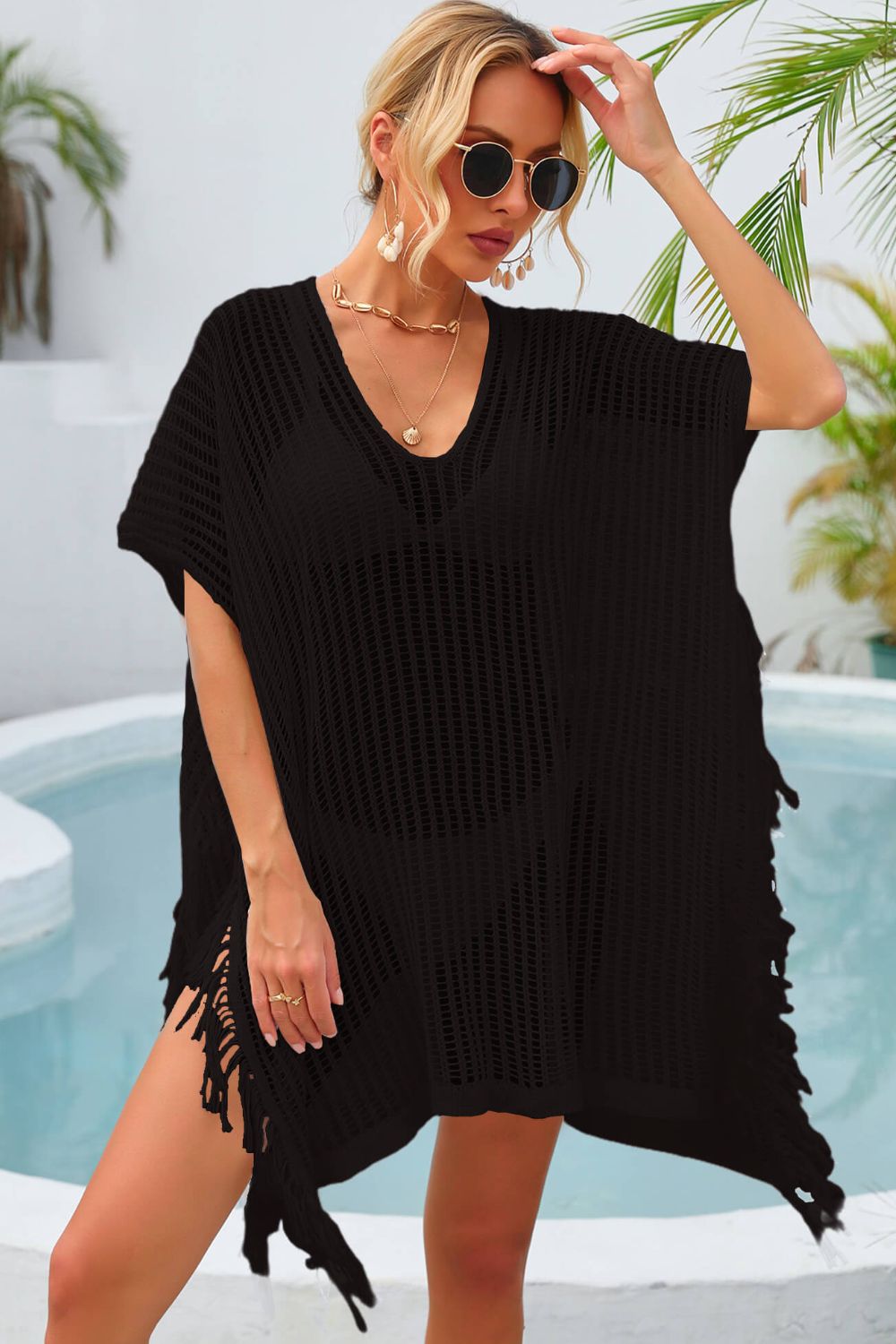 Angel Wings Fringe Trim Openwork Cover Up Black One Size Trendsi