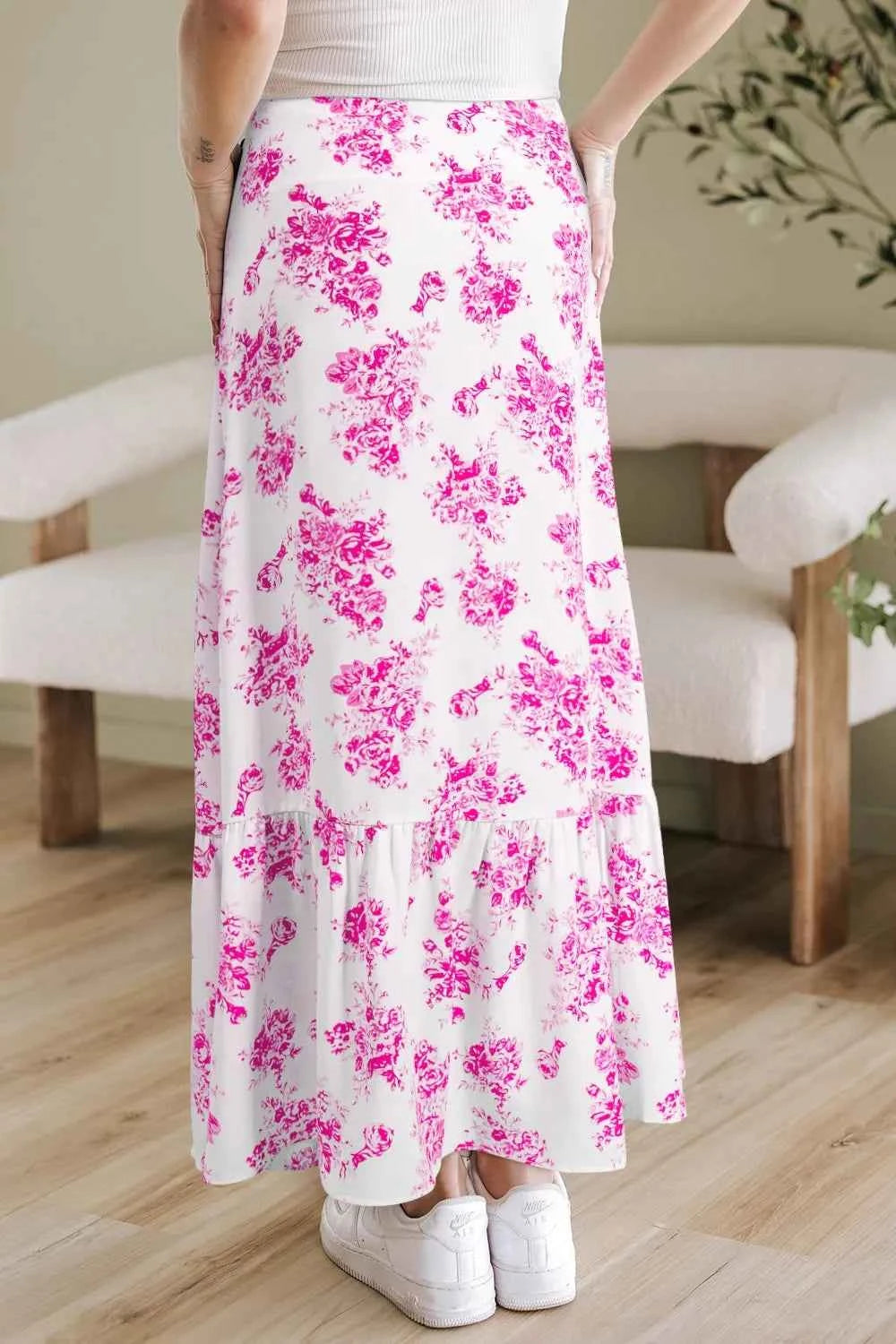 Boho Maxi Skirt with Floral Design and Ruffle Split Hem Trendsi