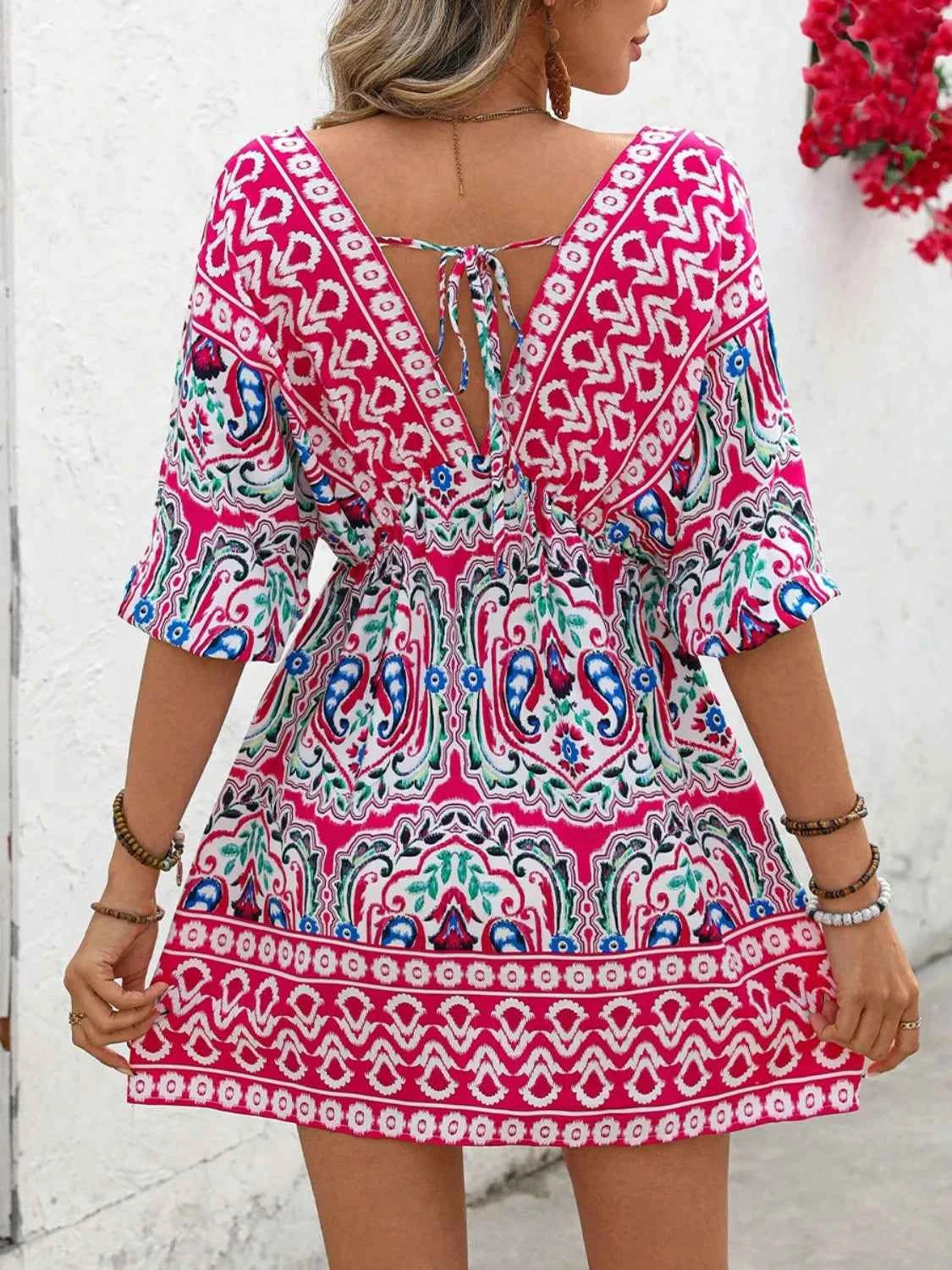 Printed Tie Back Half Sleeve Mini Dress Trendsi