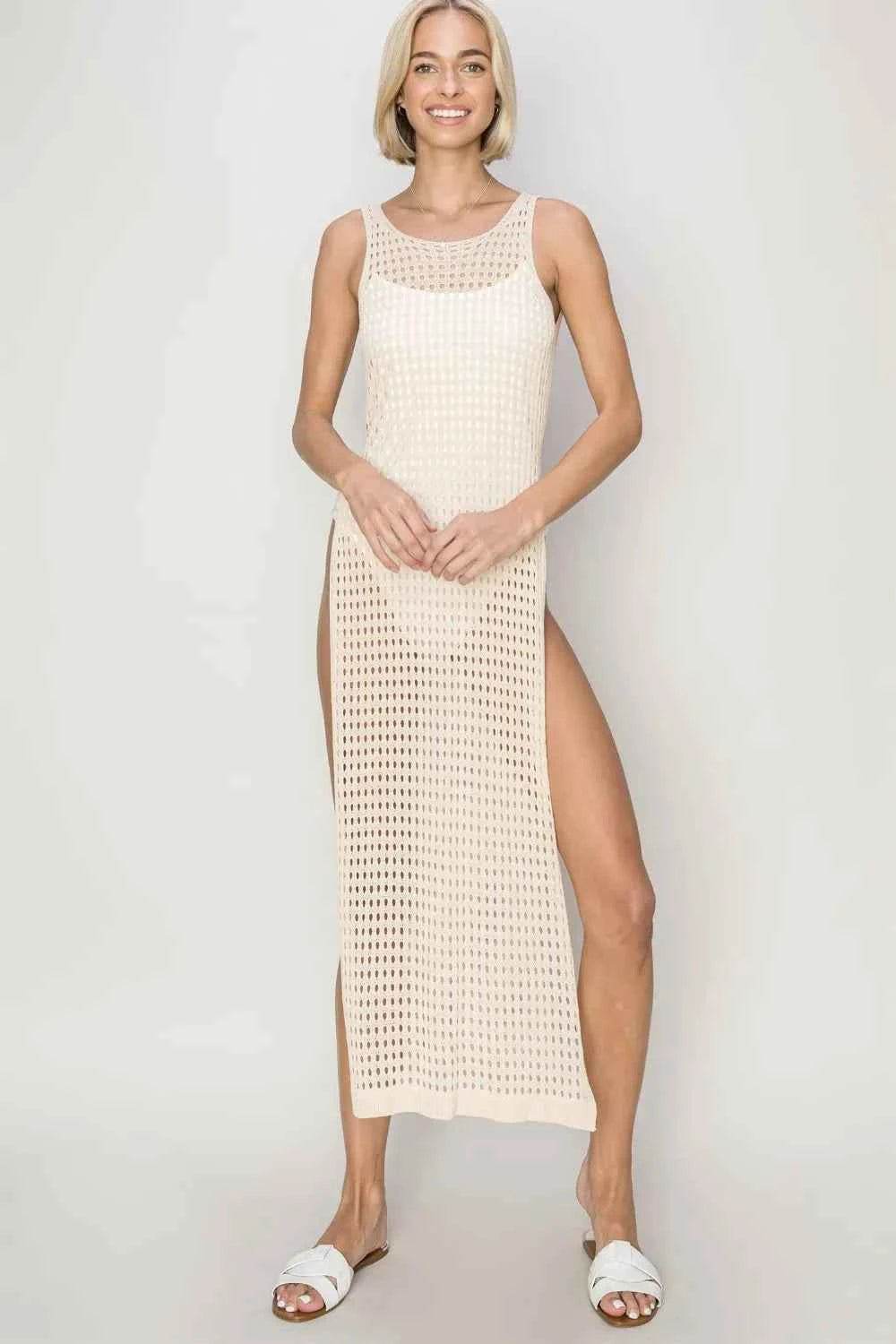 HYFVE Crochet Backless Cover Up Dress Beige Trendsi
