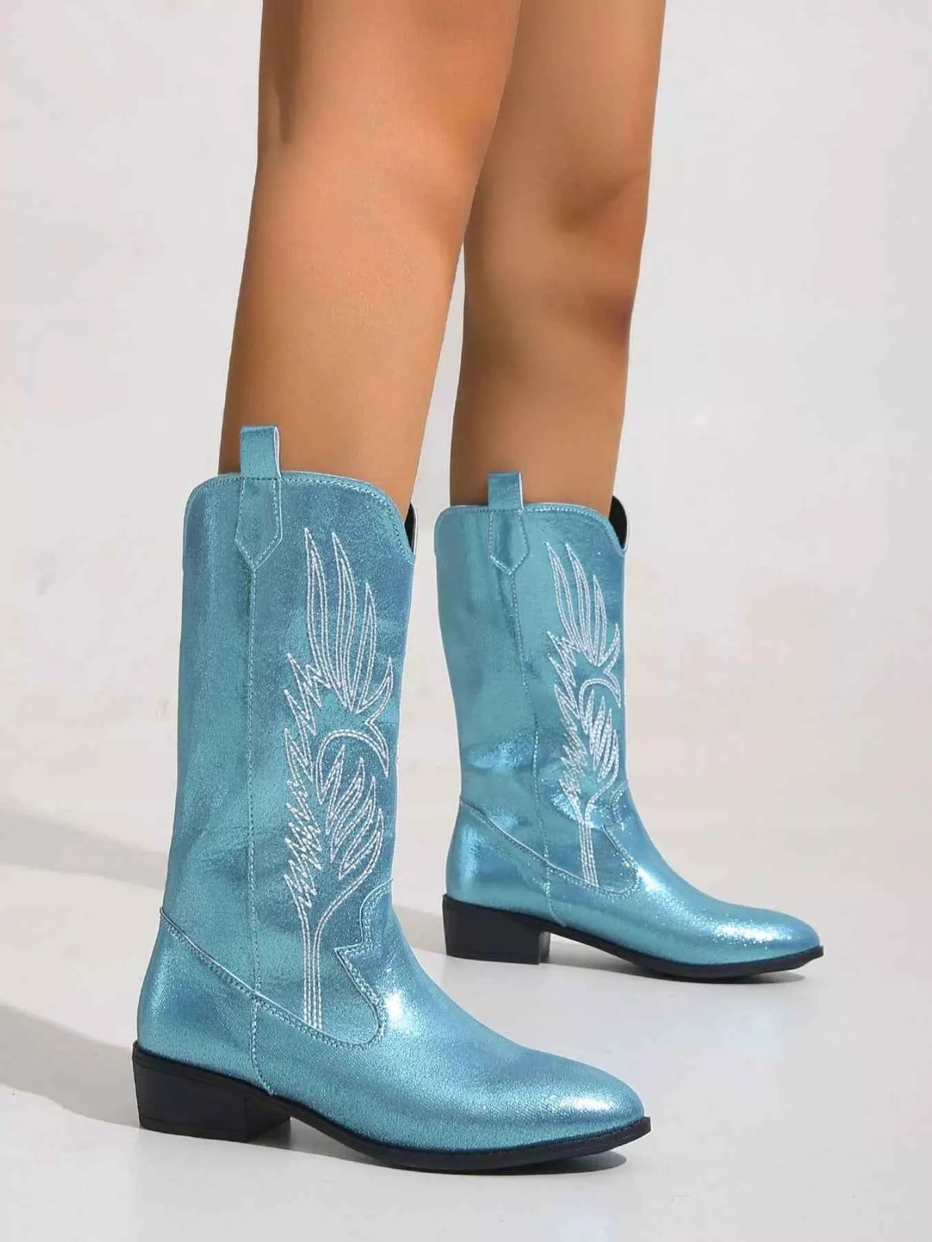 Embroidered Block Heels Boots Peacock Blue Trendsi