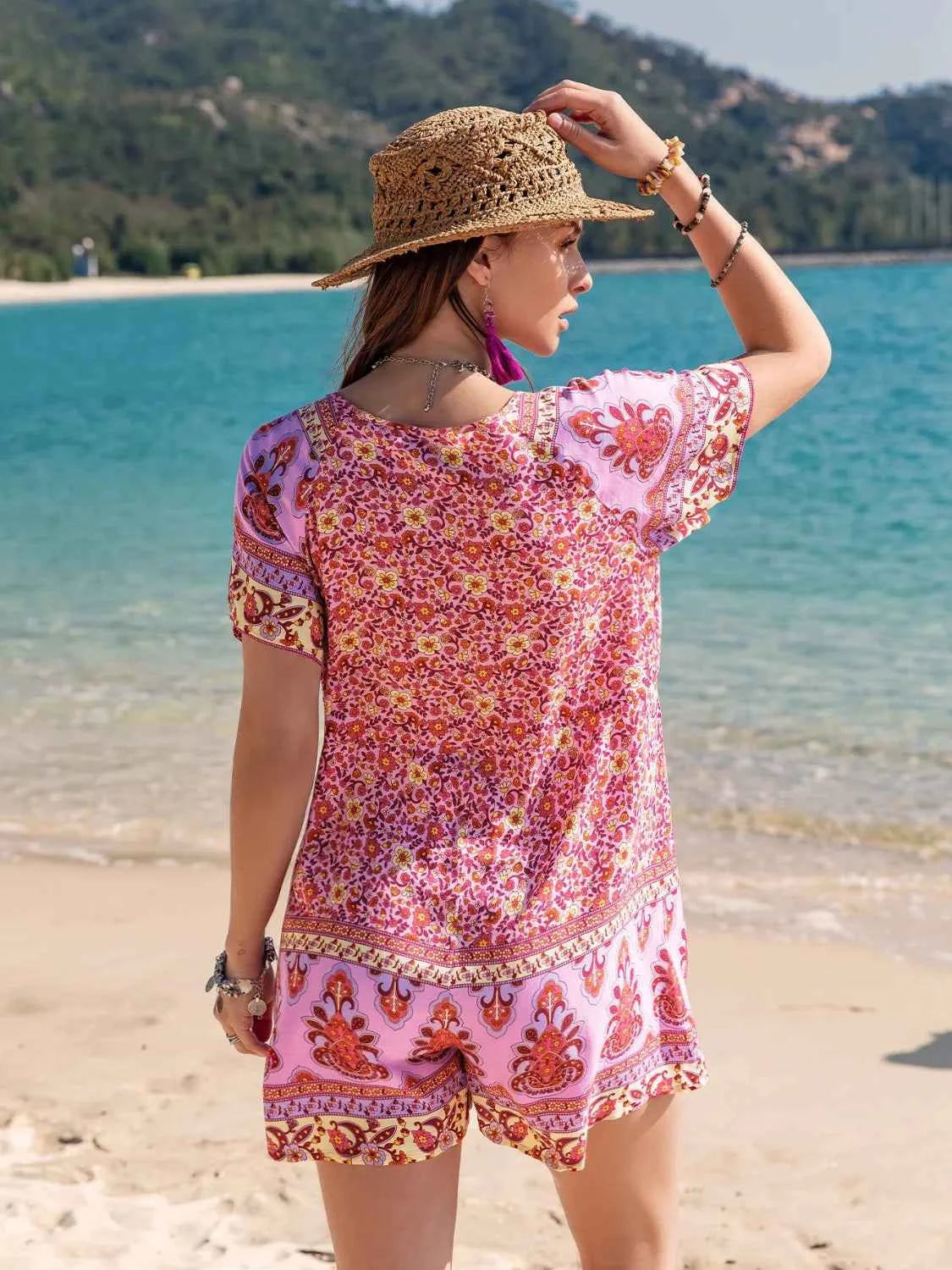 Printed V-Neck Short Sleeve Romper Trendsi