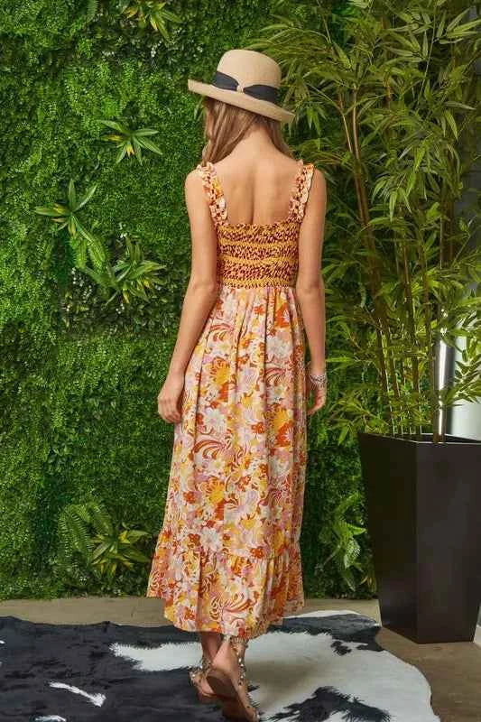 Davi & Dani Multi Smocked Bodice Geo Ruffle Strappy Midi Dress Trendsi