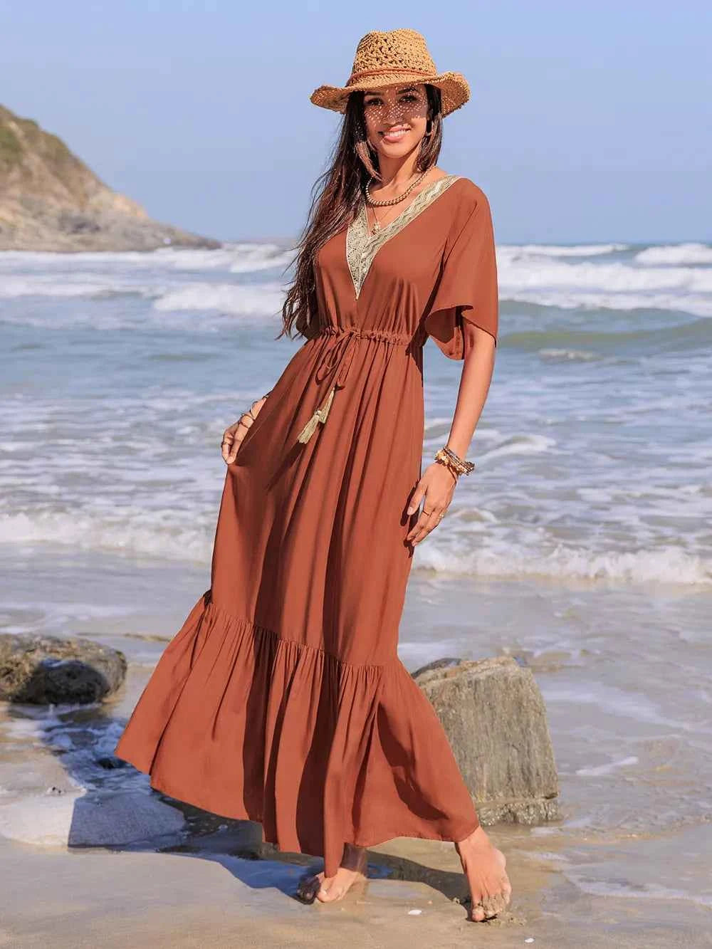 Ruffled Tassel V-Neck Flutter Sleeve Dress Trendsi