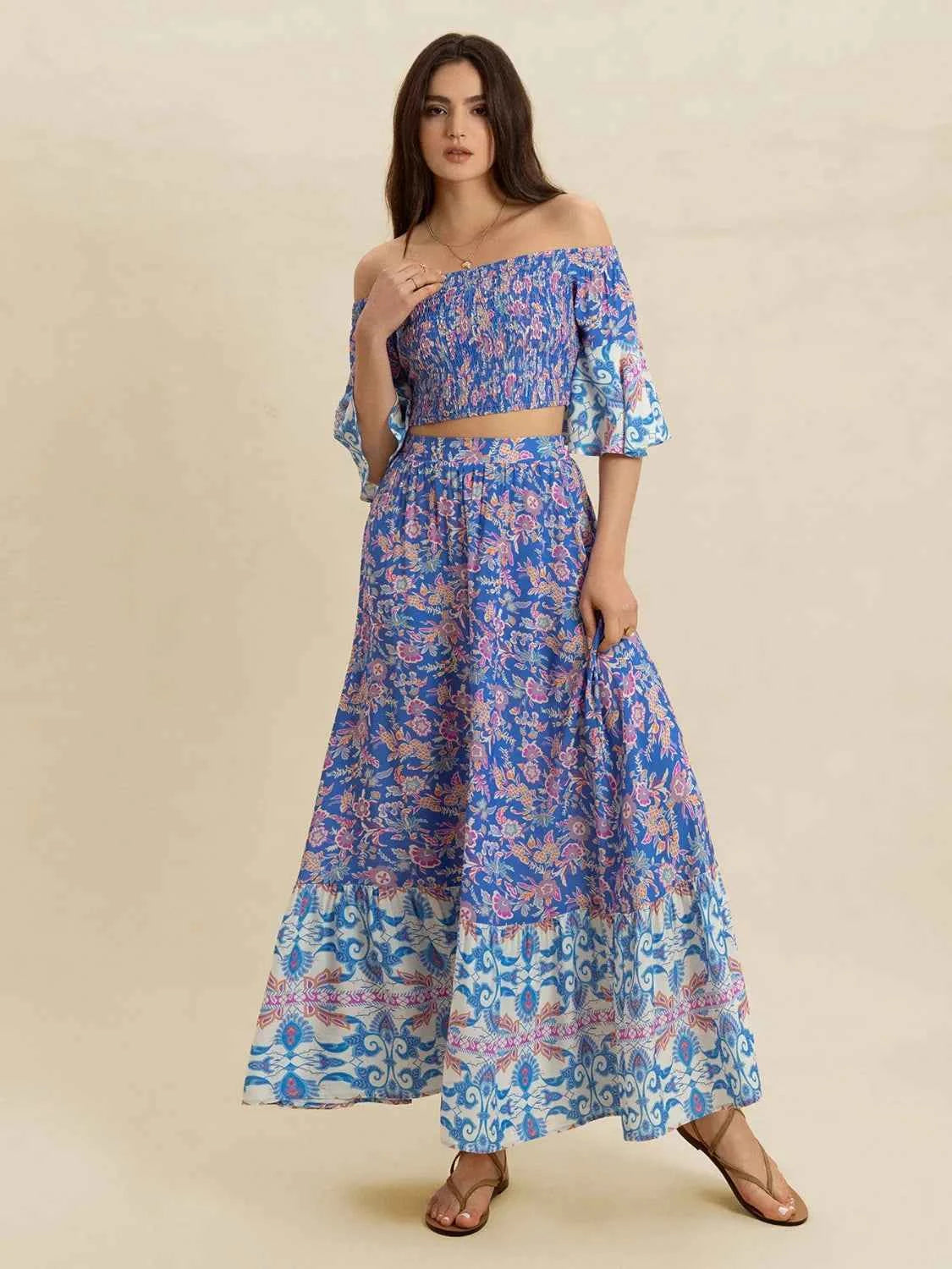 Smocked Off-Shoulder Printed Top and Skirt Set Blue Purple Trendsi