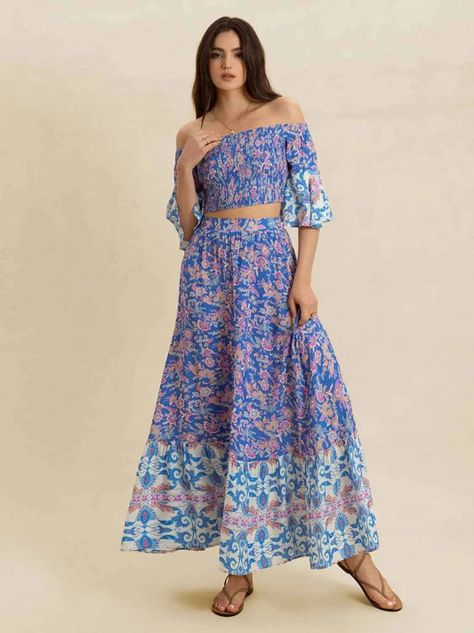 Smocked Off-Shoulder Printed Top and Skirt Set Blue Purple Trendsi
