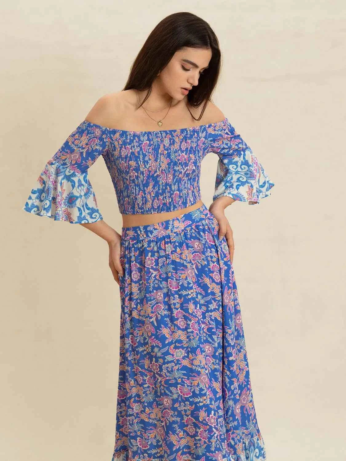 Smocked Off-Shoulder Printed Top and Skirt Set Trendsi