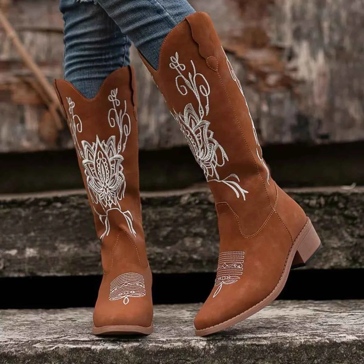 Embroidered Block Heels Boots Dark Brown Trendsi