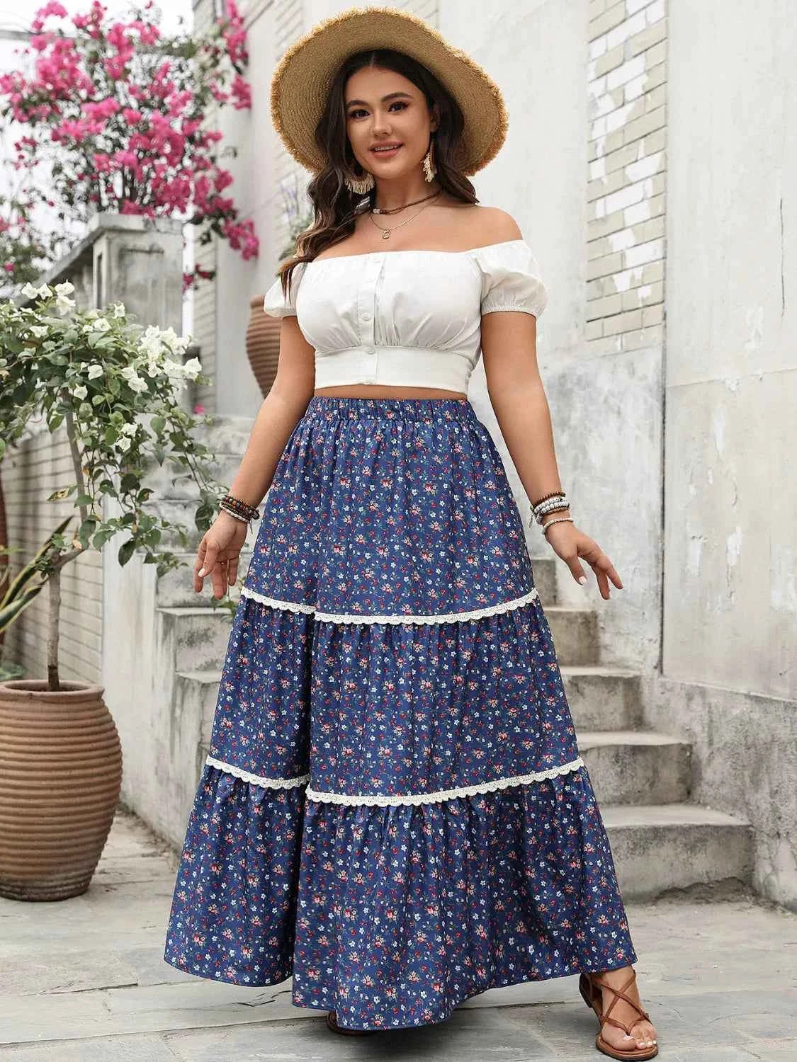 Plus Size Floral Elastic Waist Boho Maxi Skirt Trendsi
