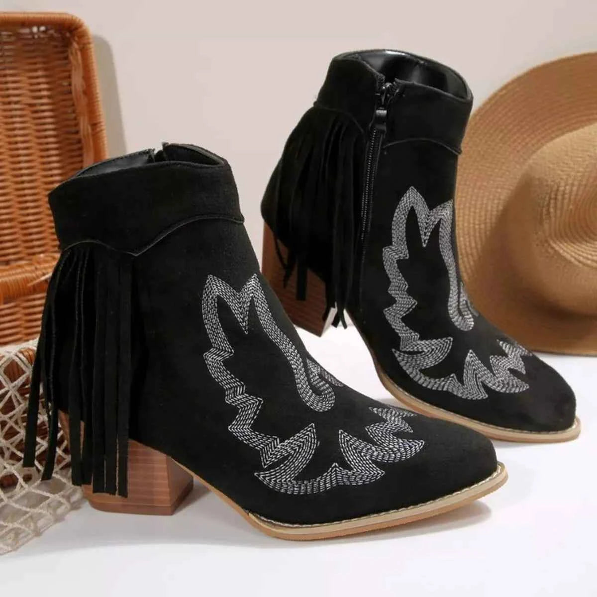 Fringe Point Toe Block Heels Boots Black Trendsi