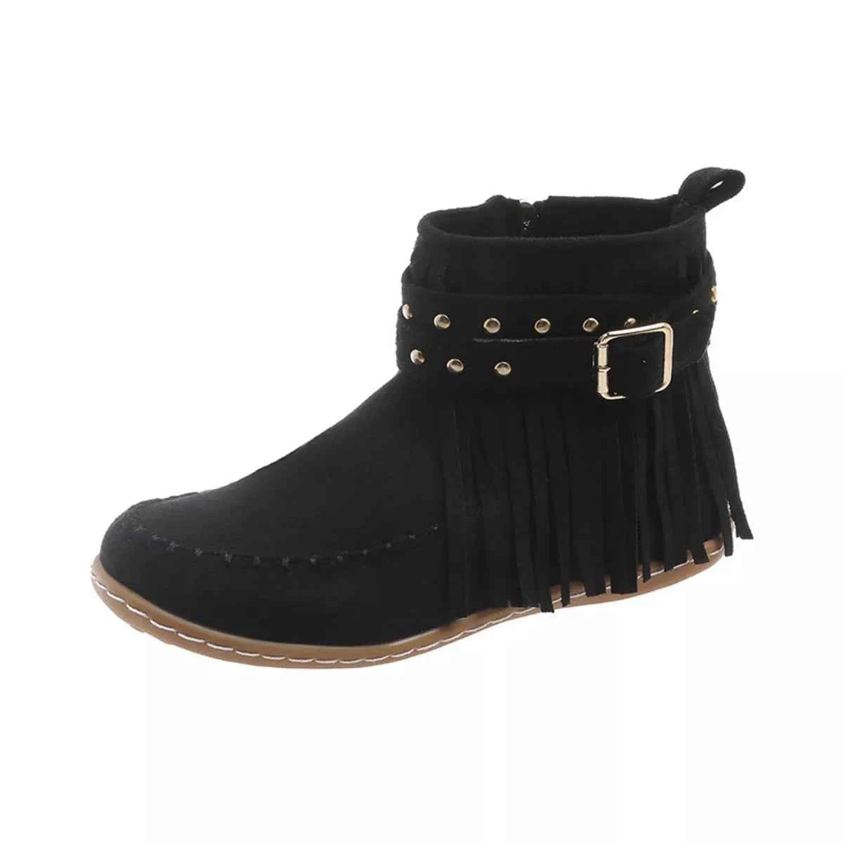 Fringe Round Toe Boots Black Trendsi