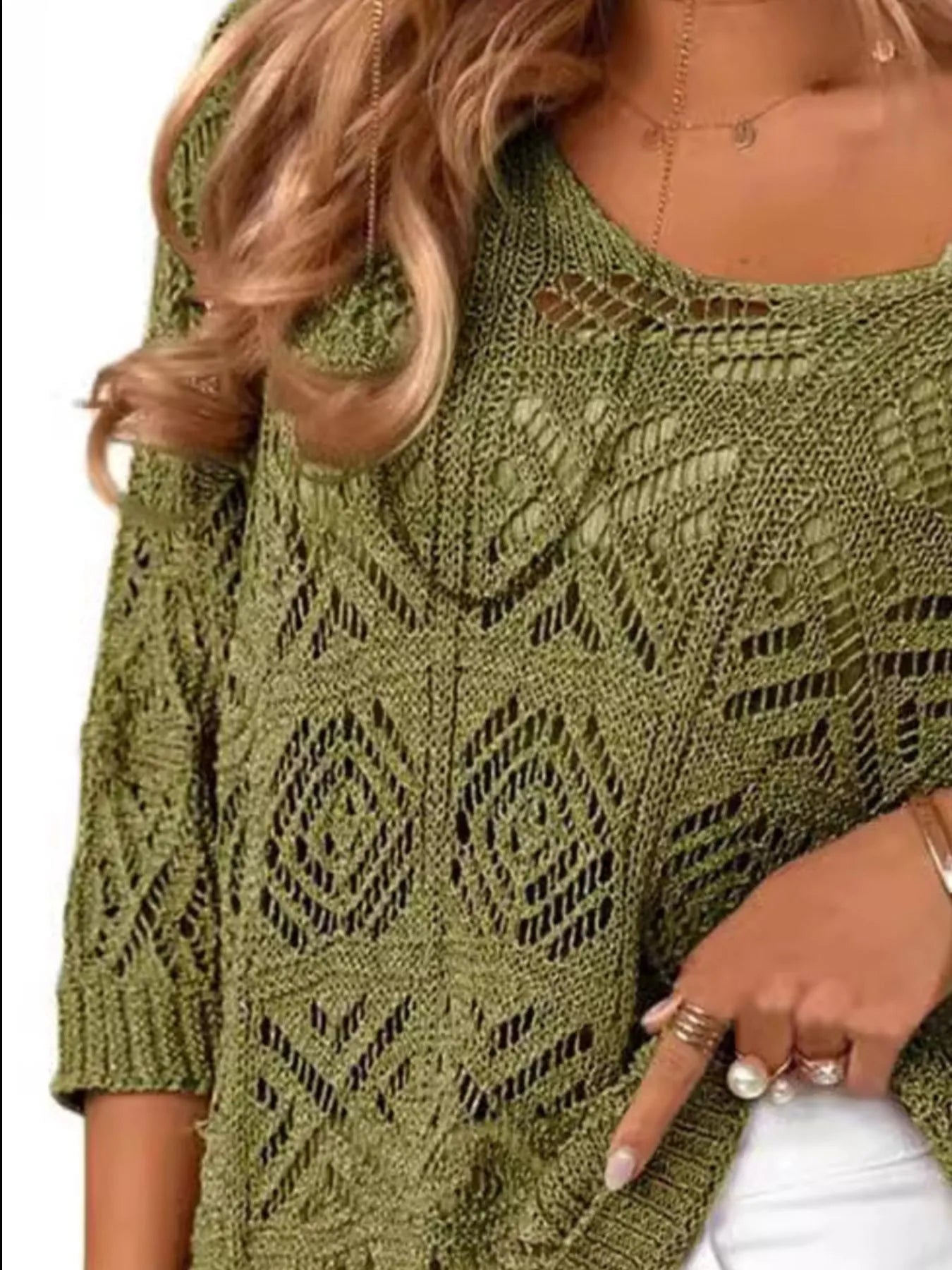 Openwork 3/4 Sleeve Knit Cover Up Trendsi