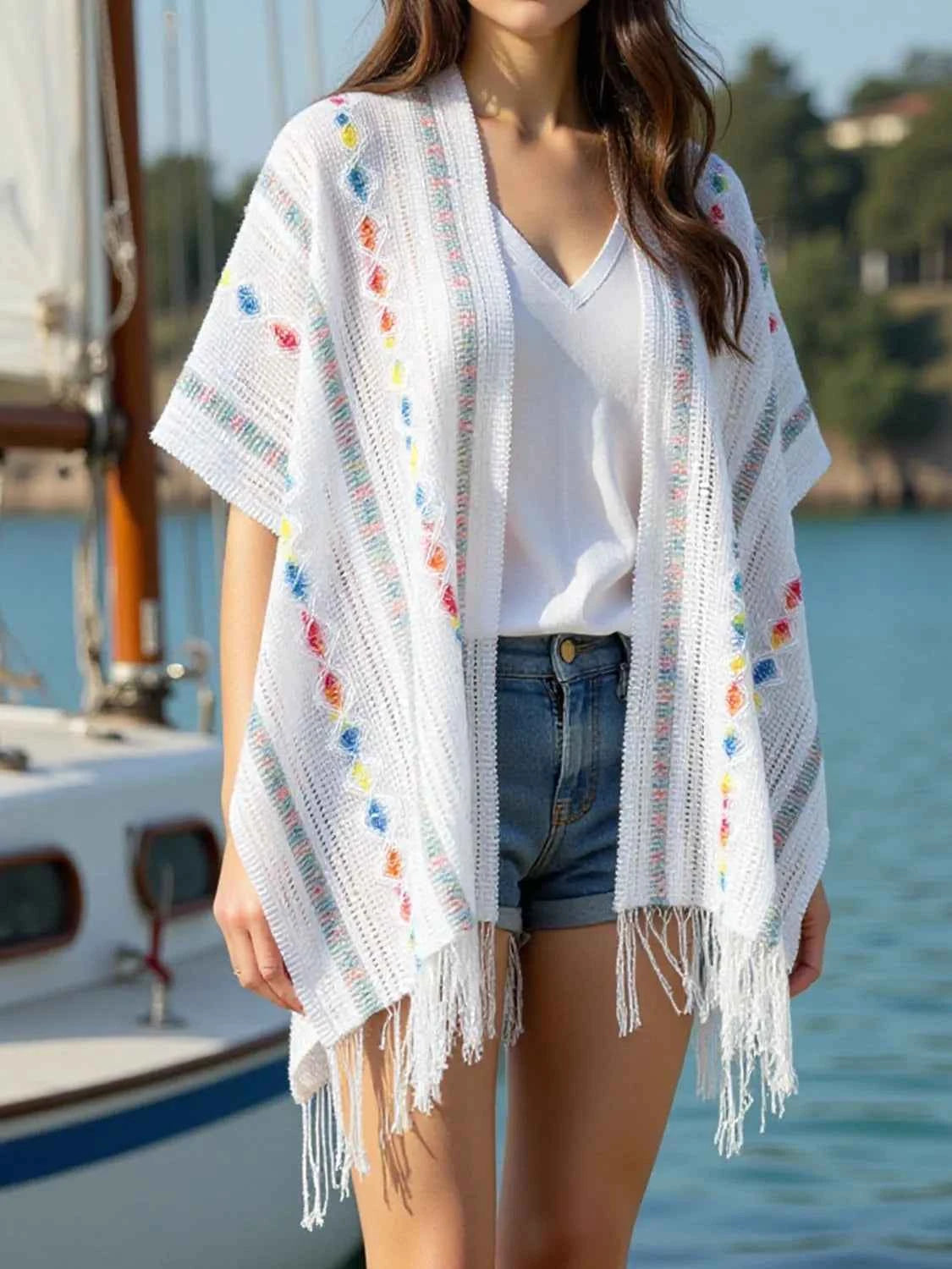 Openwork Fringe Knit Cape - Stylish Open Front Knitwear for Effortless Chic White One-size Trendsi