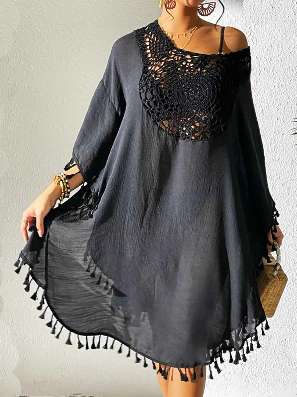 Tassel Cutout Scoop Neck Cover-Up Dress Black One Size Trendsi