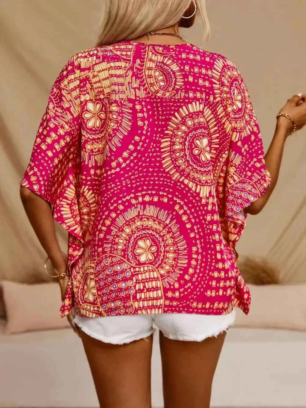 Printed V-Neck Half Sleeve Top Trendsi