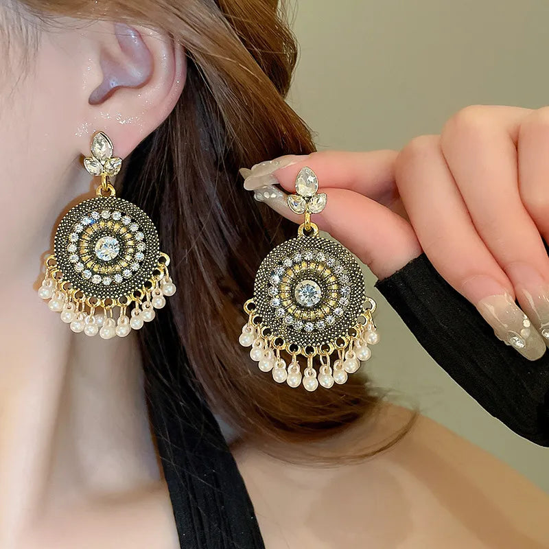 Rhinestone Alloy Bead Dangle Earrings White One Size Trendsi