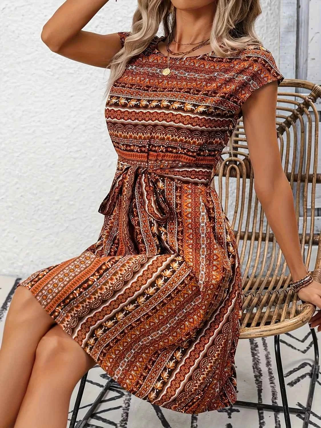 Printed Round Neck Cap Sleeve Dress Trendsi