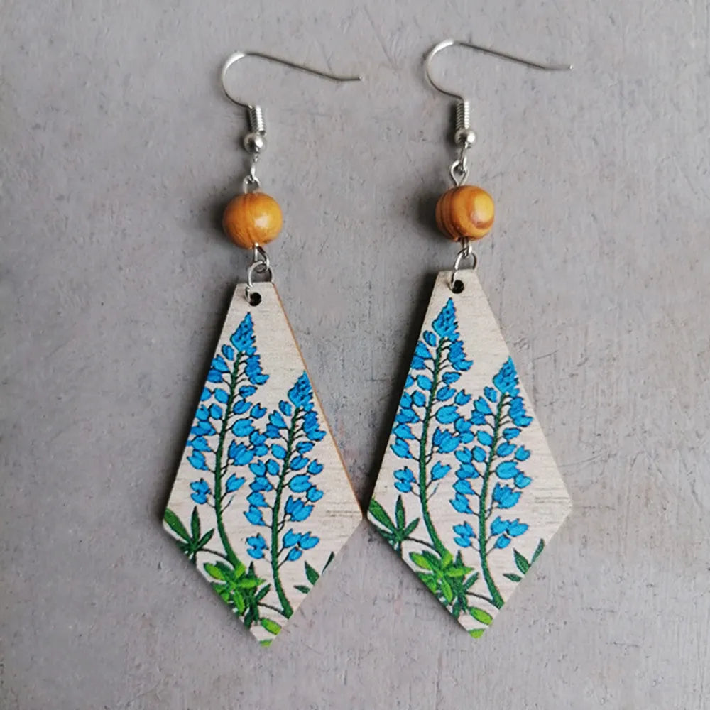 Floral Wooden Teardrop Earrings Cerulean One Size Trendsi