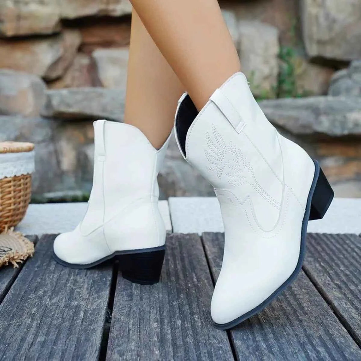 Point Toe Block Heels Boots White Trendsi