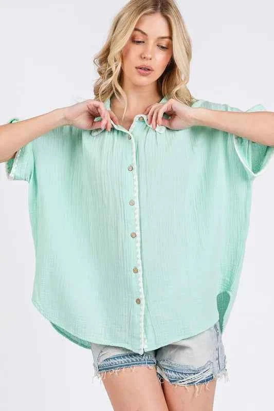 SAGE+FIG Boho Zigzag Trim Gauze Button-Up Shirt Trendsi