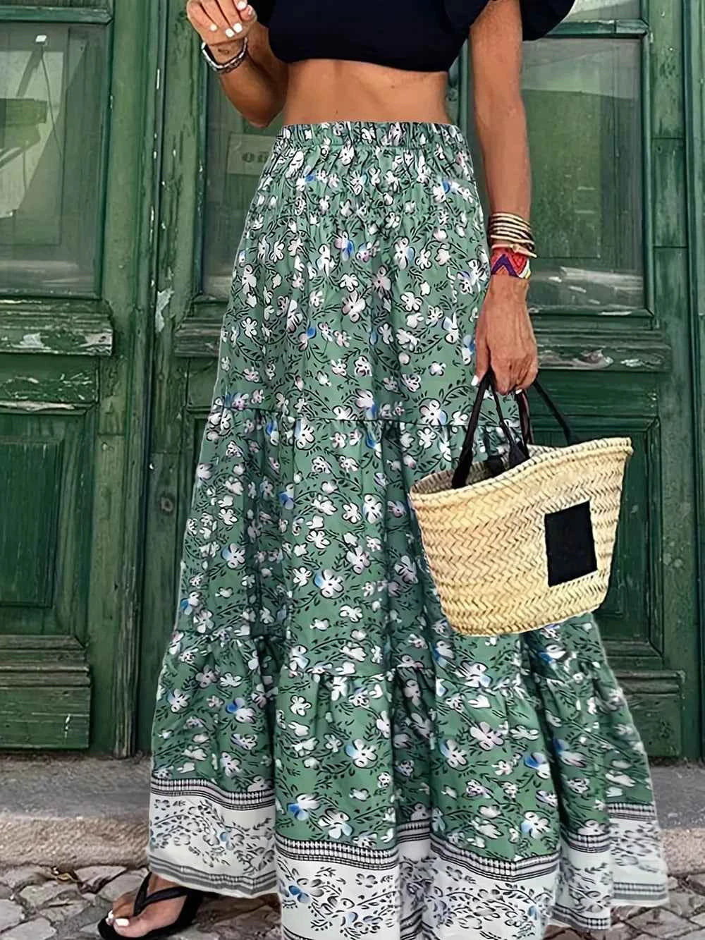 Full Size Tiered Printed Elastic Waist Skirt Green Trendsi