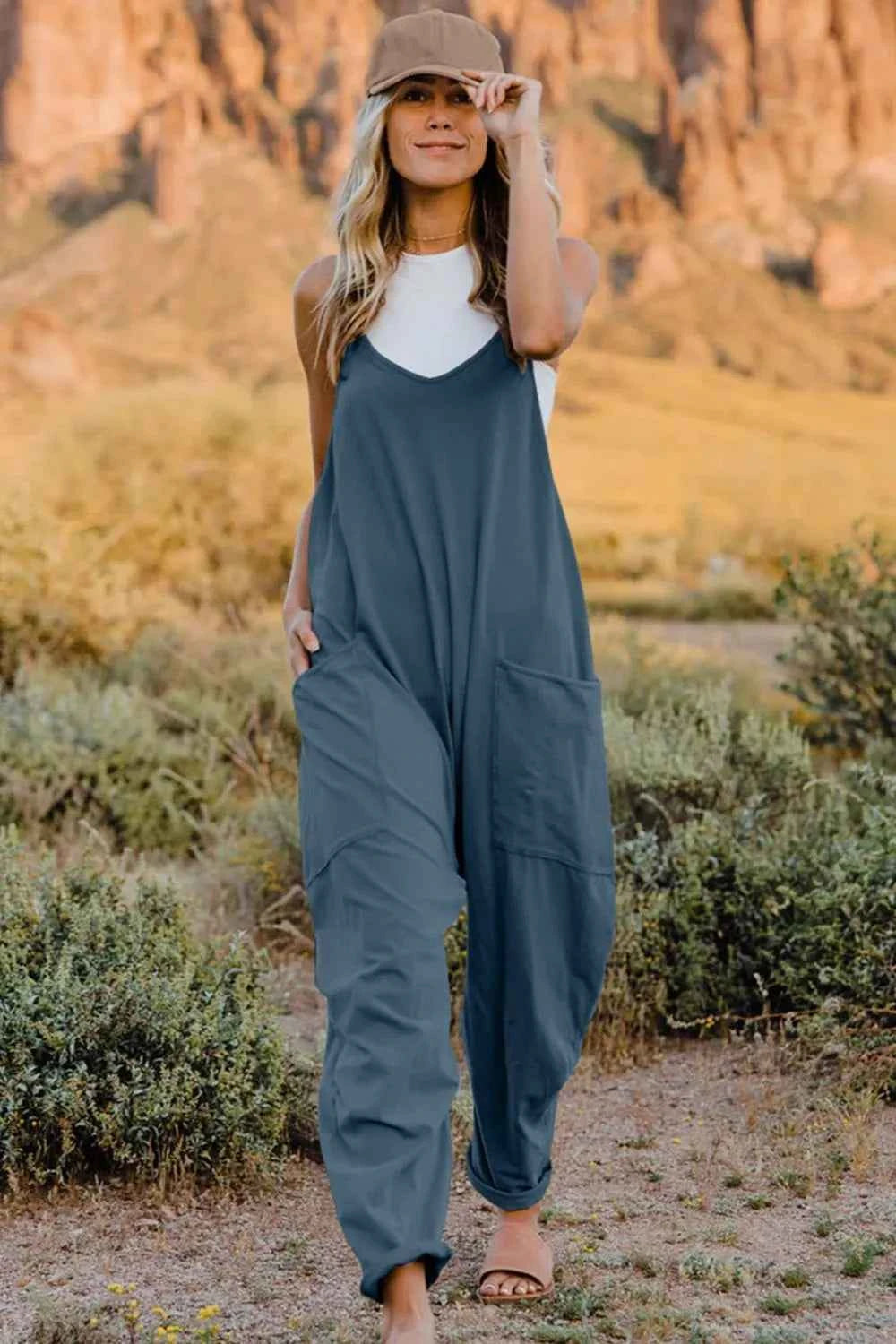 Double Take Full Size V-Neck Sleeveless Jumpsuit with Pockets French Blue Trendsi