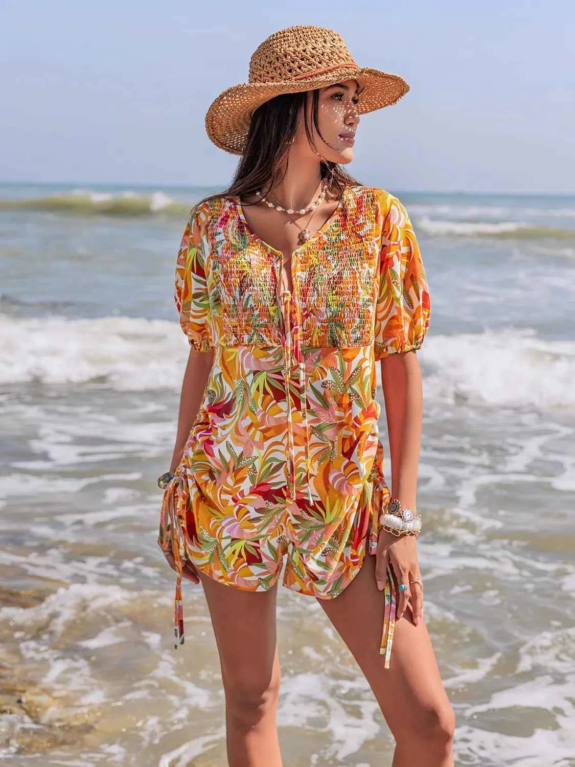 Smocked Printed Tie Neck Romper Trendsi
