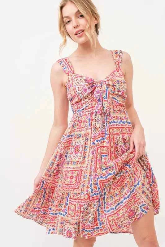 And The Why Tied Front Smocked Back Tiered Boho Printed Dress Trendsi