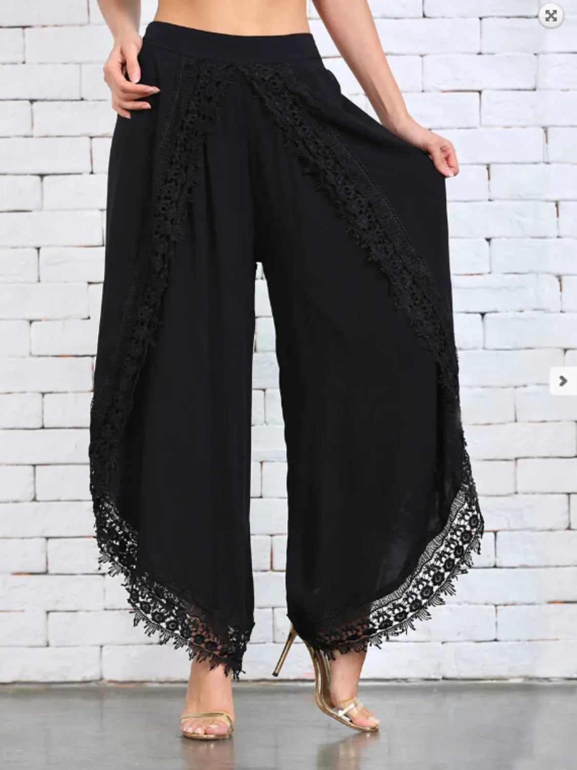 Full Size Lace Detail Wide Leg Pants Plus Size Black Trendsi