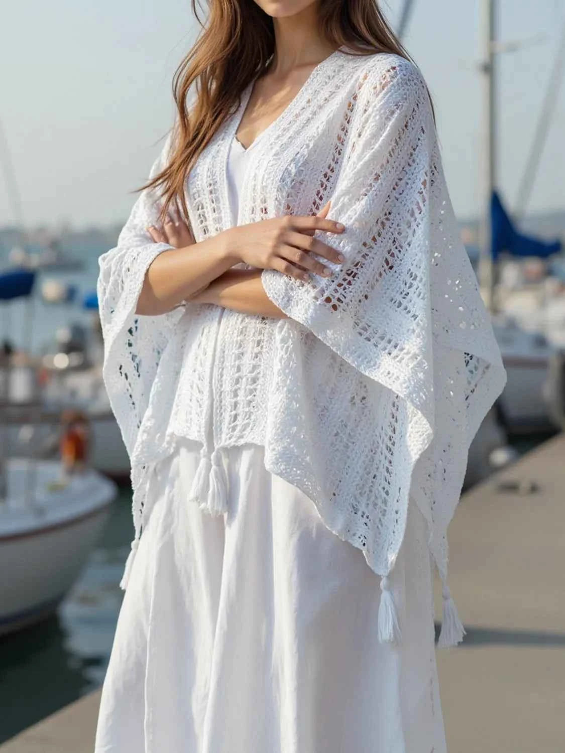 Openwork Tassel Open Front Knit Cover Up Trendsi