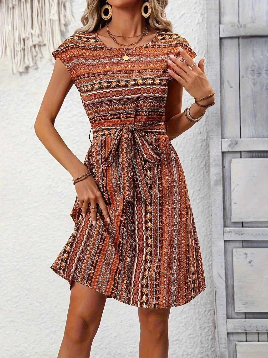 Printed Round Neck Cap Sleeve Dress Trendsi