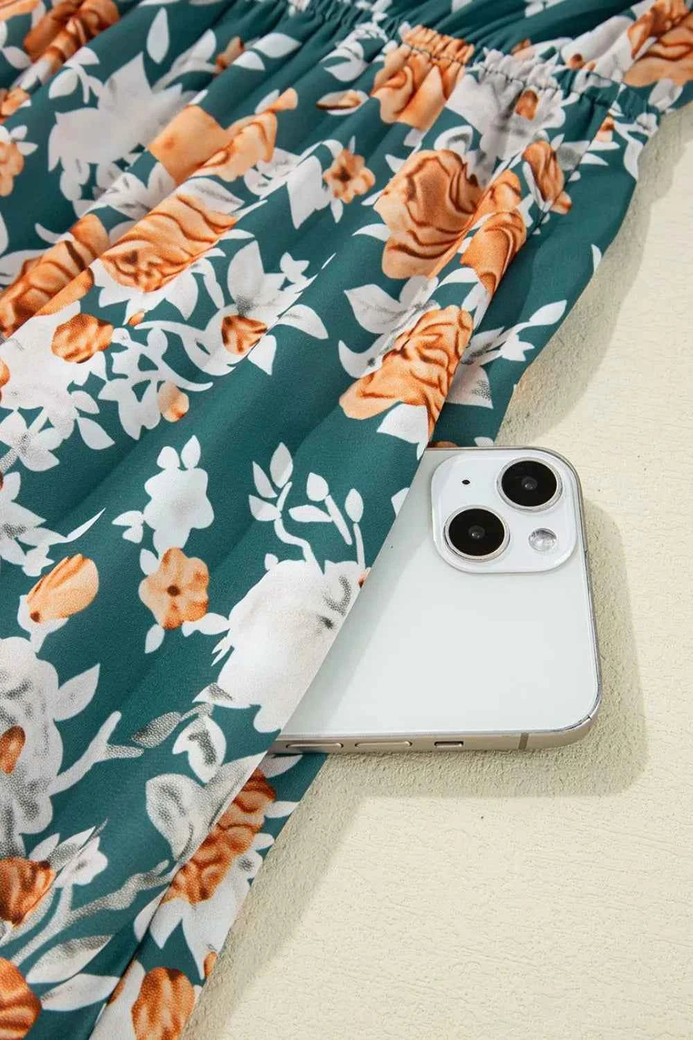 Floral Print Trimmed V Neck Tie Waist Sleeveless Dress Trendsi