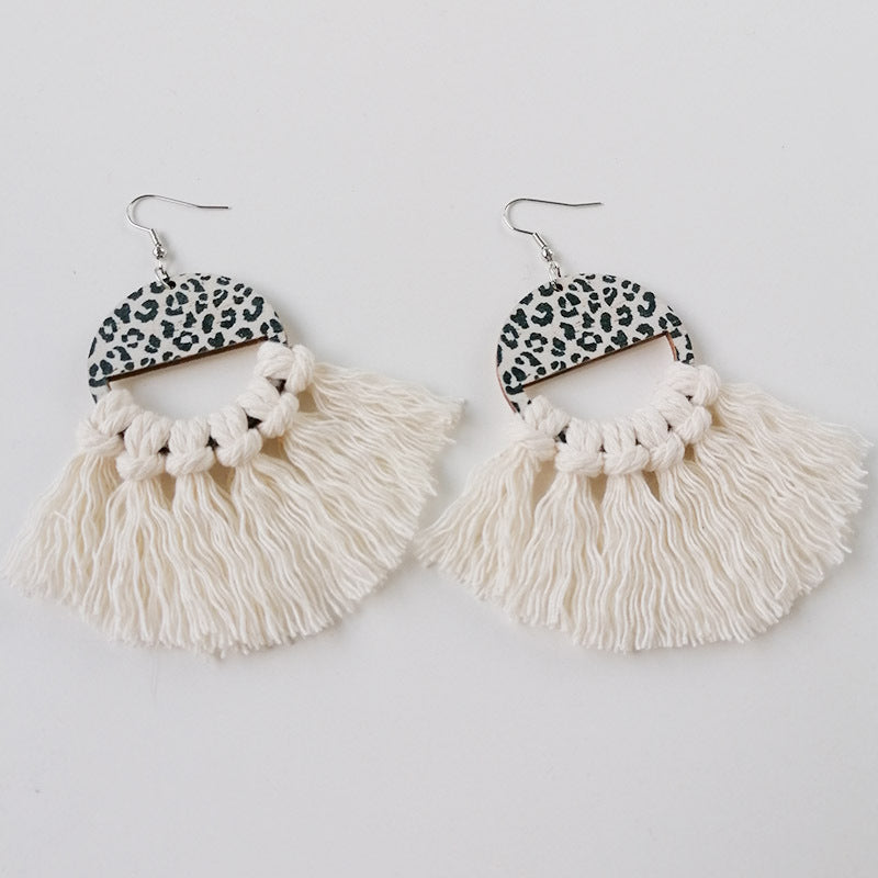 Tassel Detail Leopard Drop Earrings Ivory One Size Trendsi