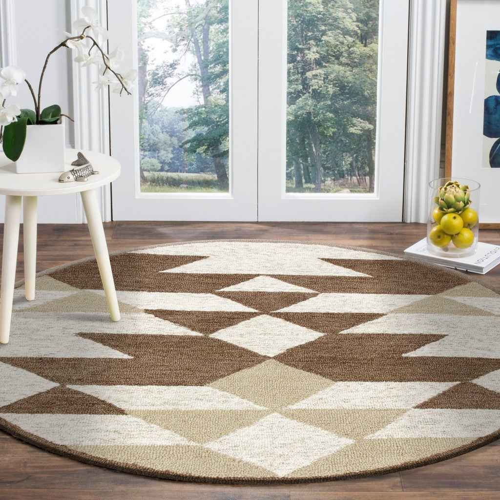 4' Round Brown Bohemian Geometric Area Rug Homeroots
