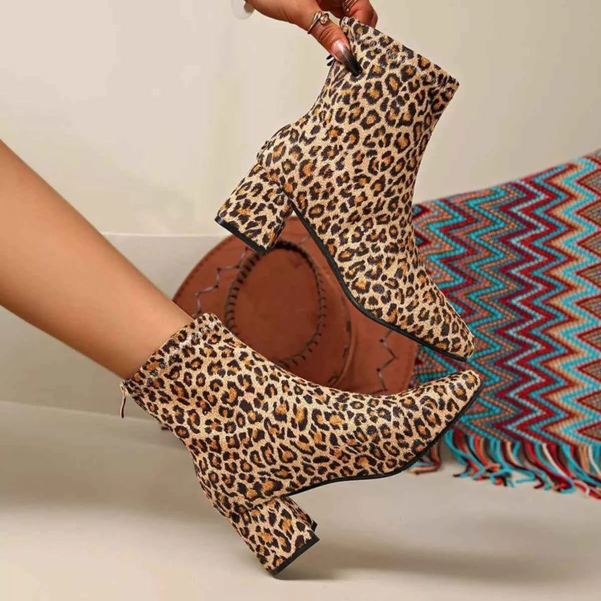 Block Heel Ankle Boots Leopard Print Trendsi